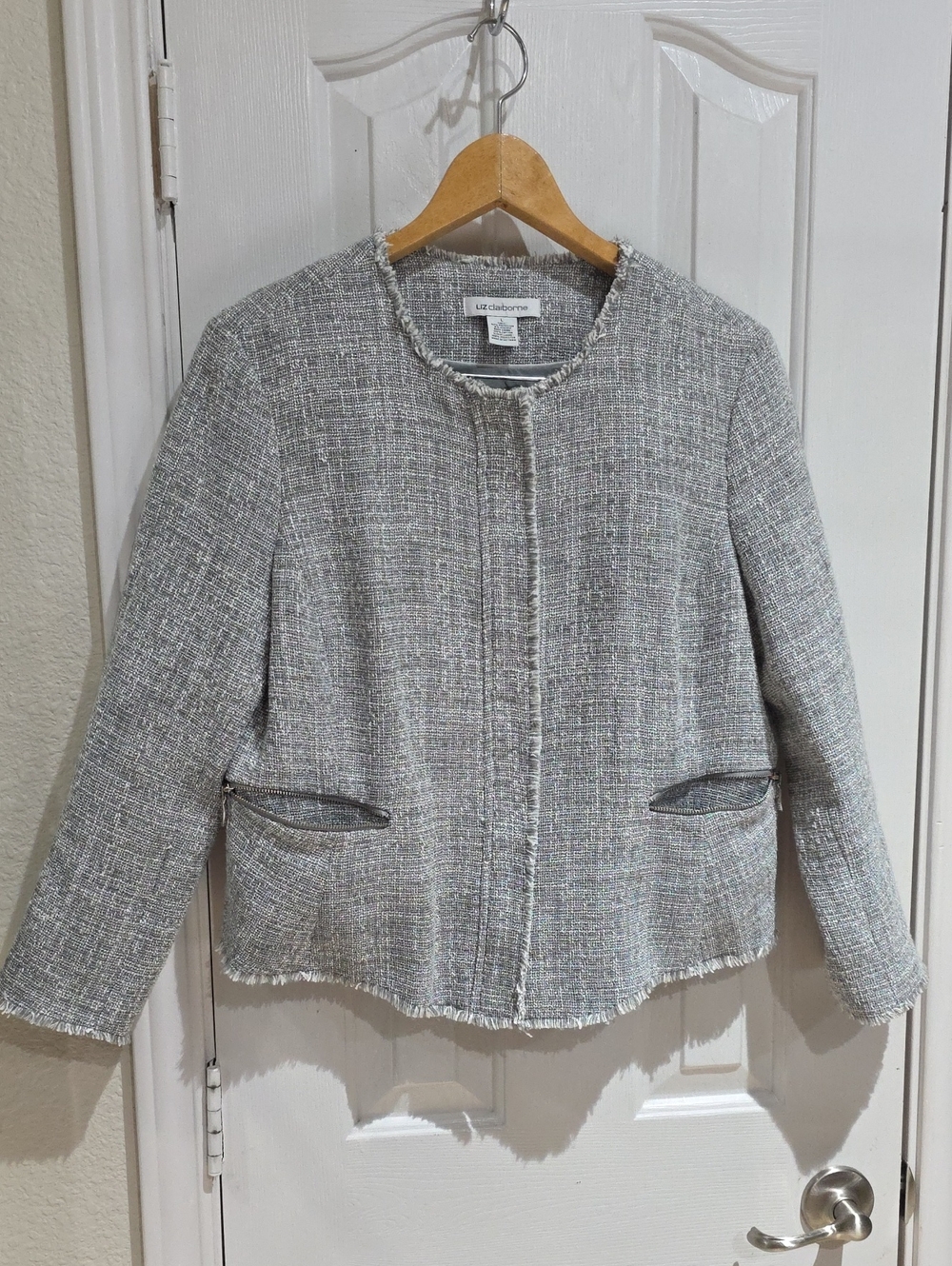 Liz Claiborne Women's Grey Tweed Fringe Jacket Size L